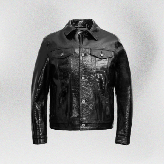 TRUCKER CROC-EMBOSSED LEATHER JACKET - Đen