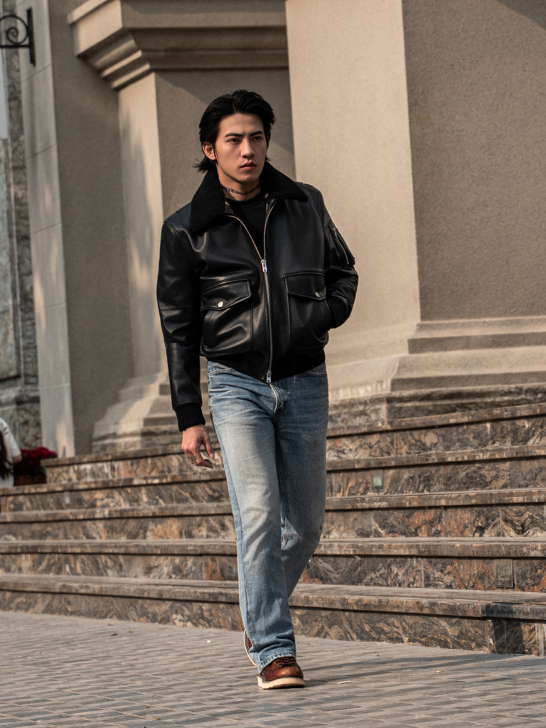 AVIATOR BOMBER LEATHER JACKET - Đen - Ảnh 14