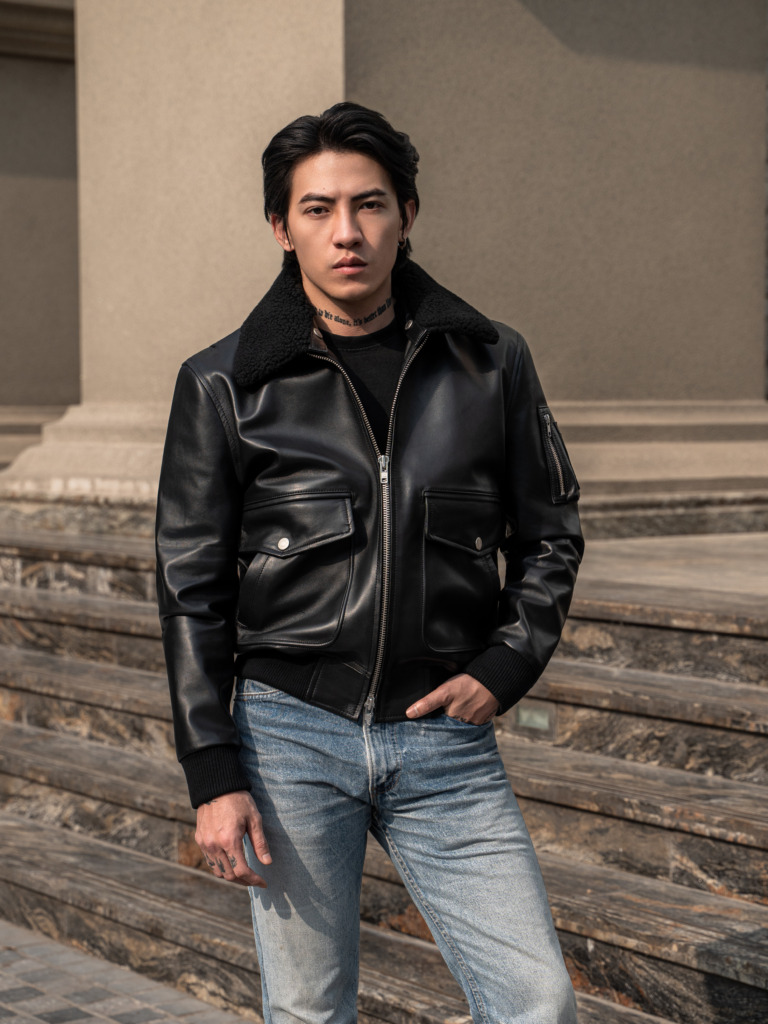 AVIATOR BOMBER LEATHER JACKET - Đen - Ảnh 16