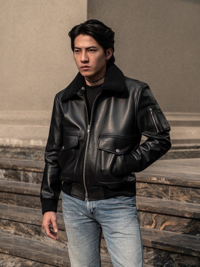 AVIATOR BOMBER LEATHER JACKET - Đen - Ảnh 17