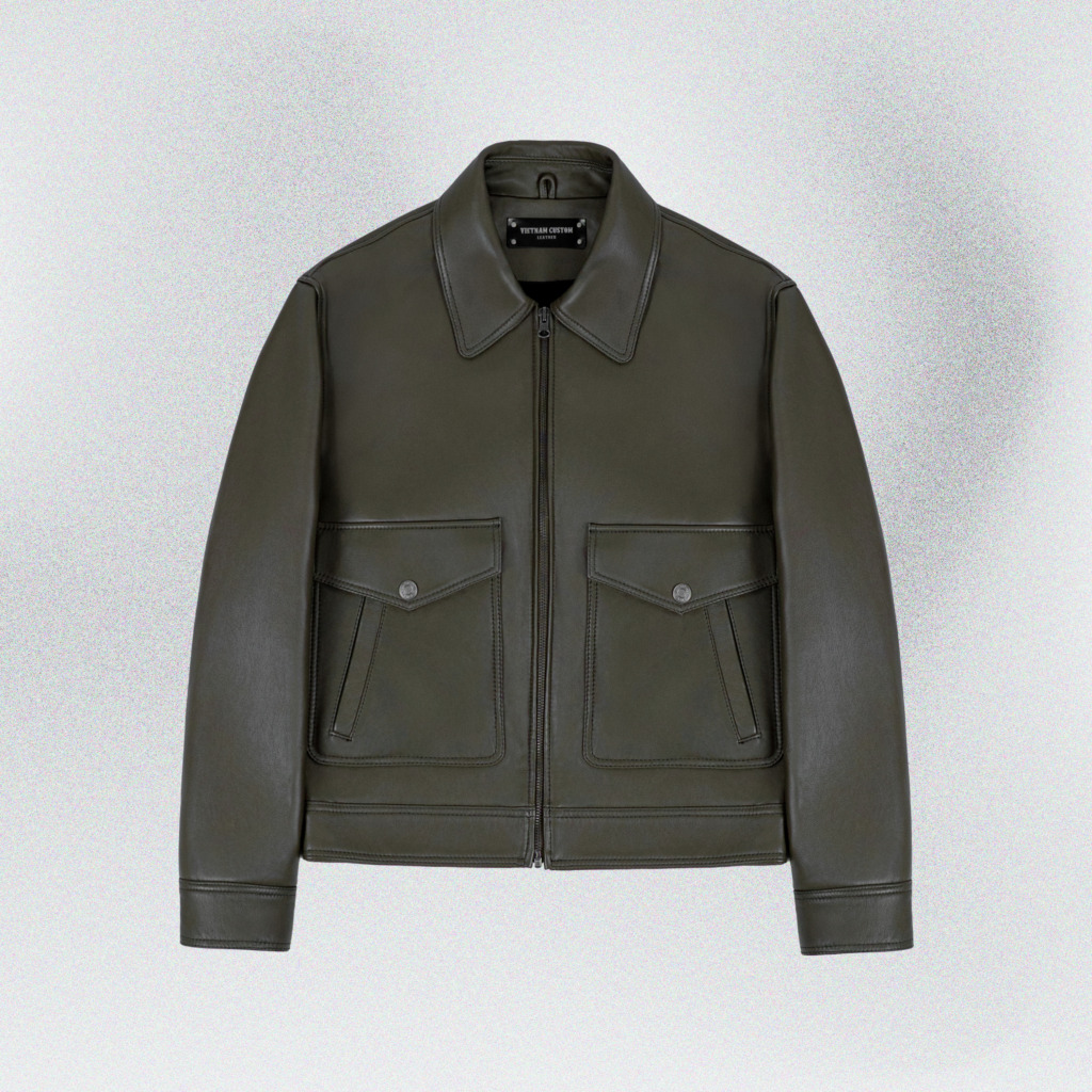 RAFAEL BOXY LEATHER JACKET - Dark olive