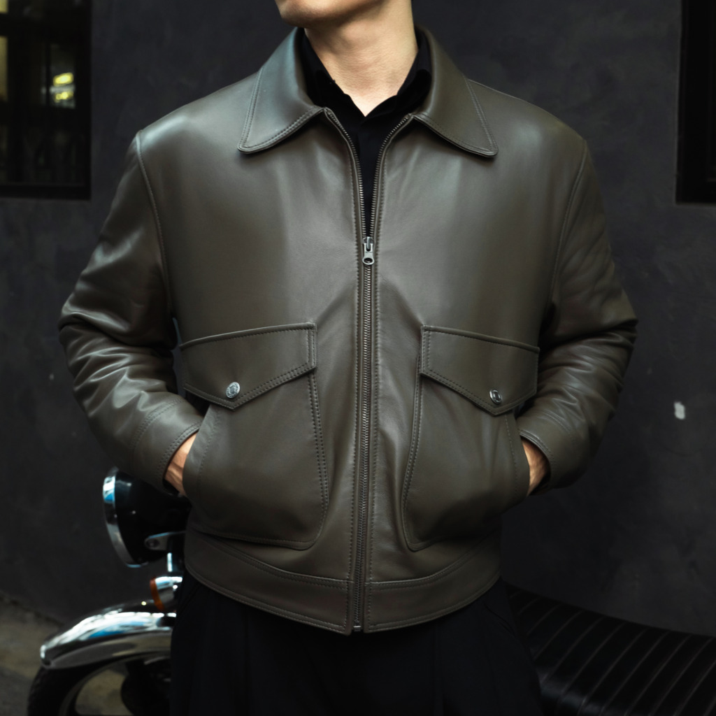 RAFAEL BOXY LEATHER JACKET - Dark olive - Image 12